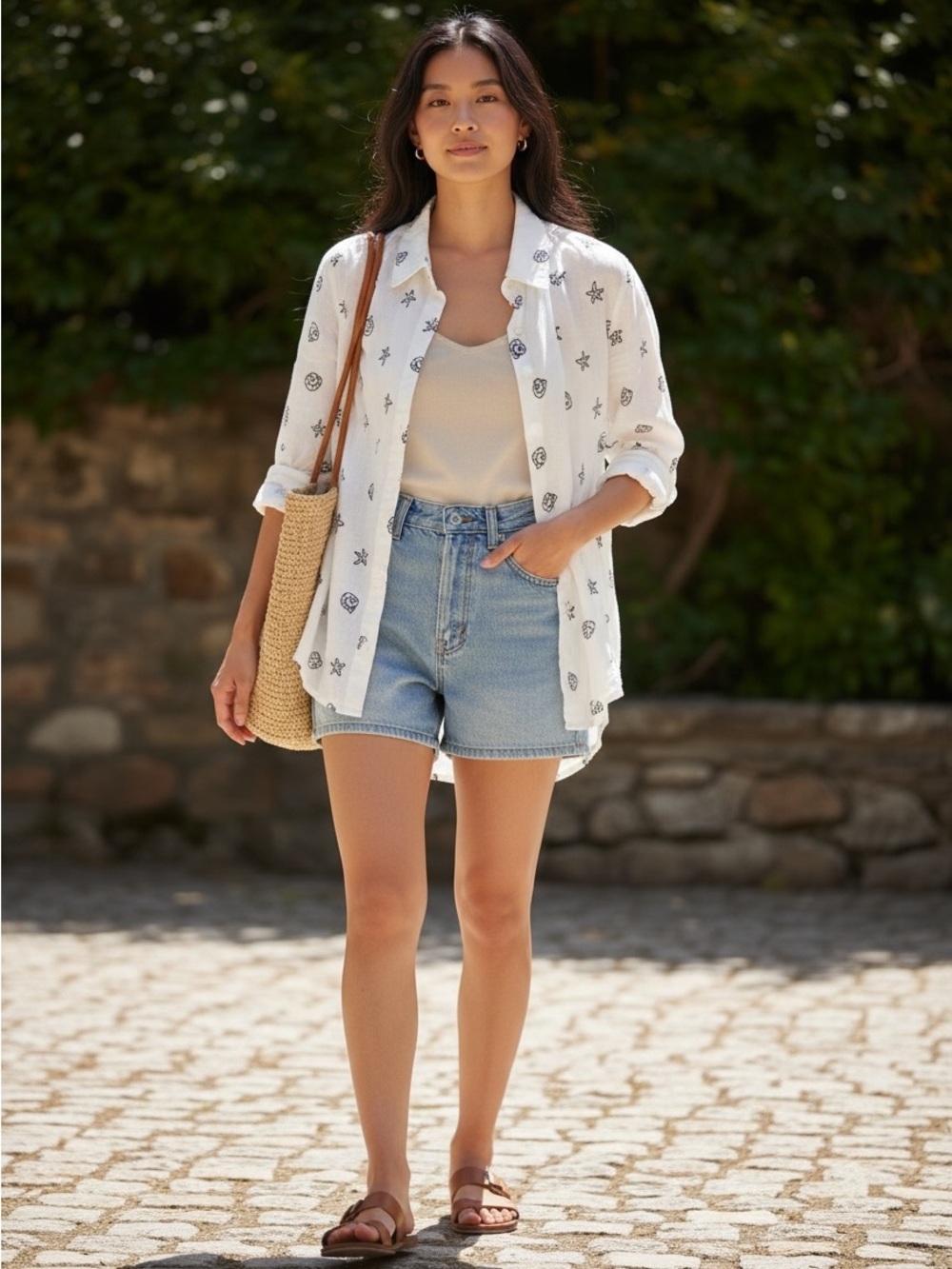 Calypso St. Barth White Button-Down Shirt with Navy Starfish & Shell Print